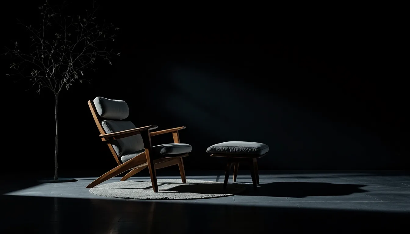 A walnut lounge chair lit with a single hard key light against a dark backdrop