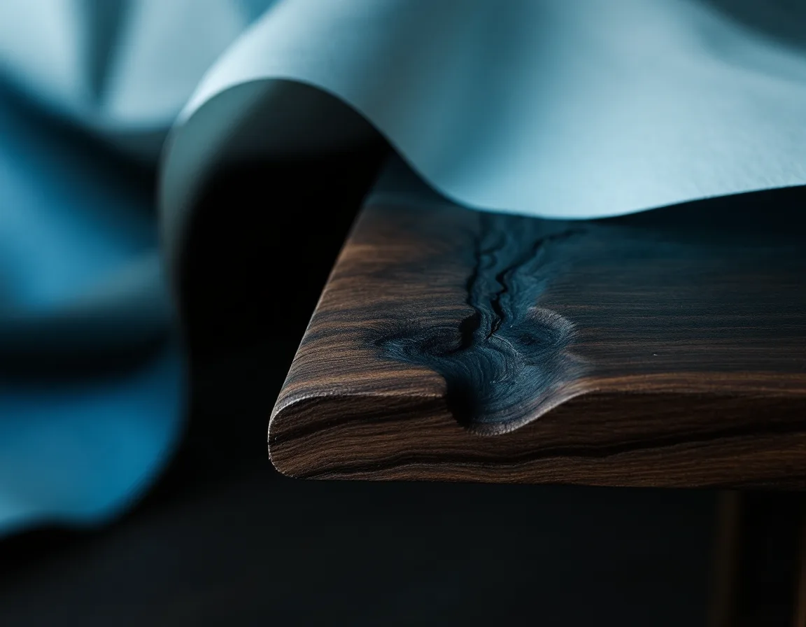 A hard key light raking across walnut grain on a studio set